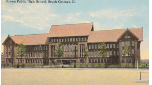 A vintage postcard shows Bowen High School, shortly after it was built. Bessemer Park is in the foreground.