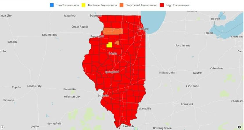 Coronavirus transmission rates in Illinois counties as of Sunday.