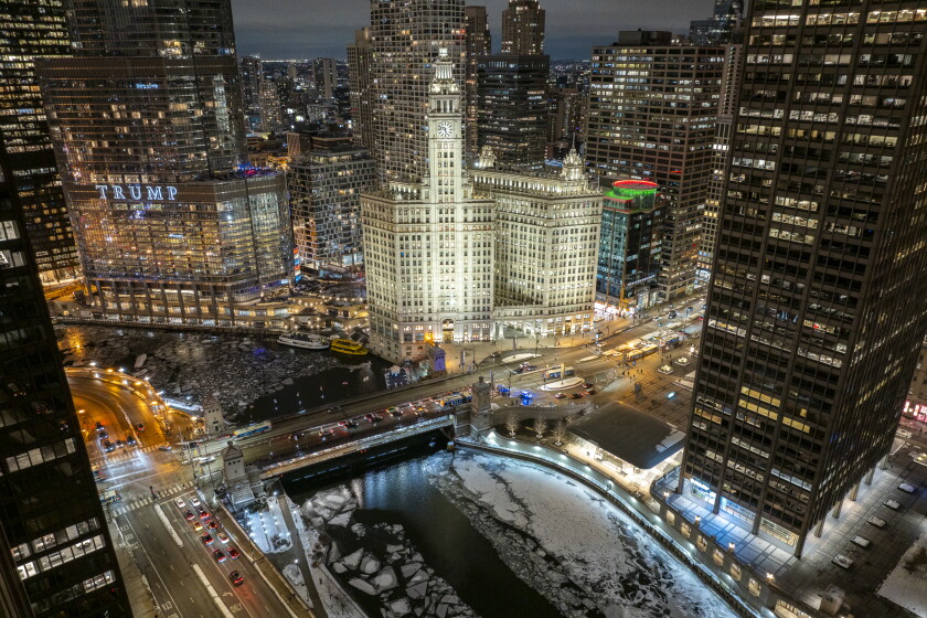 The Wrigley Building and the Chicago River seen from the air on Tuesday.
