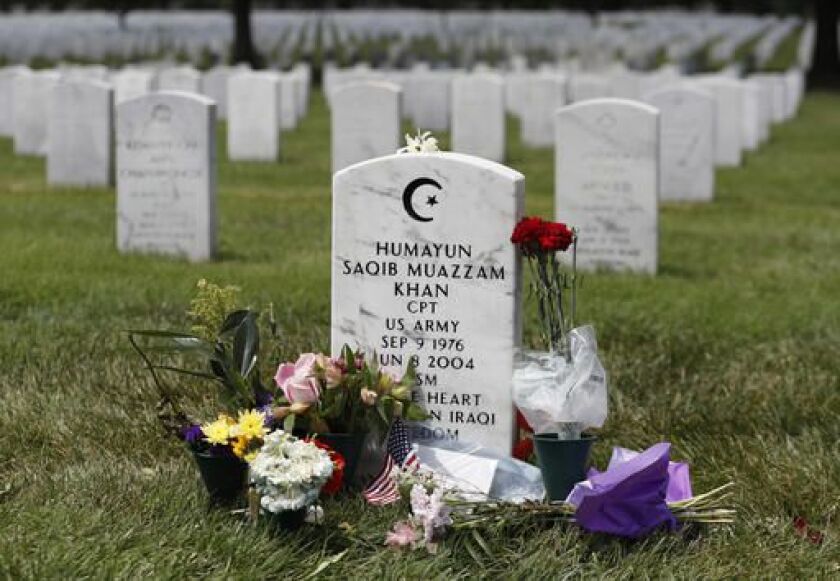 The tombstone of US Army Capt. Humayun S. M. Khan is seen in Section 60 at Arlington National Cemetery in Arlington, Virginia, on Monday, Aug. 1, 2016. | Carolyn Kaster/AP