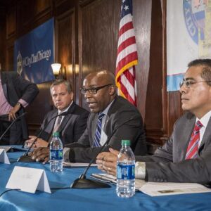 The City Club of Chicago hosted a panel discussion on “Elected School Board: Yes or No?” with speakers, Rep. Robert Martwick (sitting at left), State Sen. Kwame Raoul and former Chicago Board of Education member Jesse Ruiz. Dr. Paul Green (sta