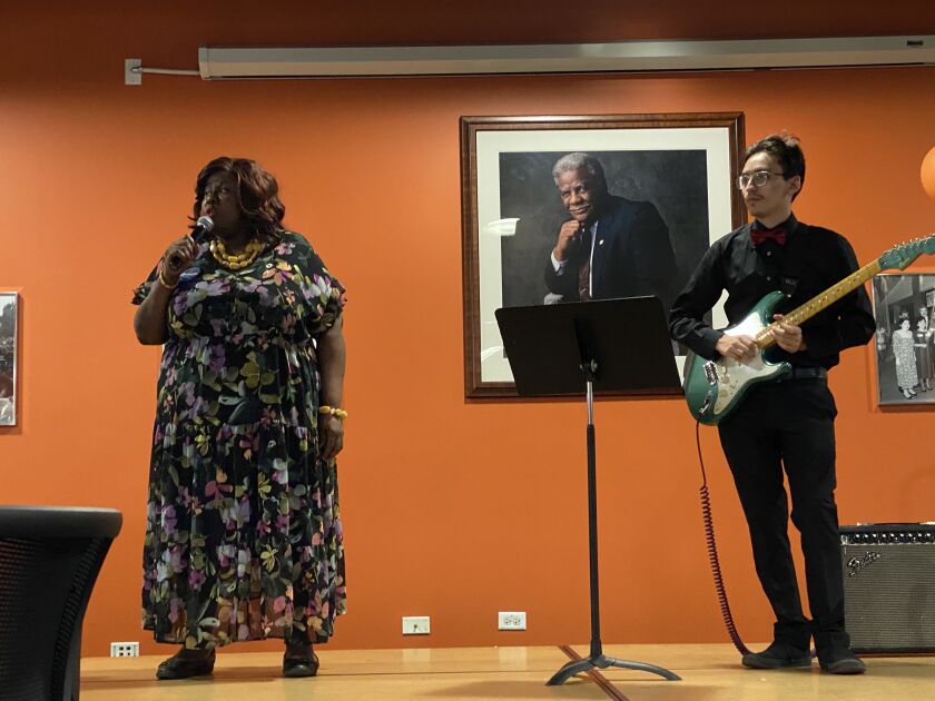 Student members from Harold Washington College’s Jazz Pop Ensemble performed at the college’s celebration honoring Washington’s 100th birthday and life achievements.