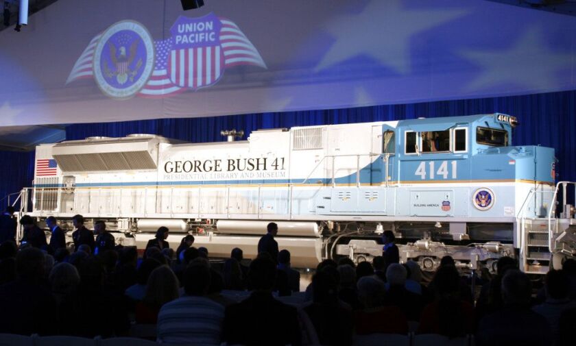 The locomotive unveiled for the special exhibit at George H.W. Bush’s presidential library will be used to pull the late president’s funeral train. | AP file photo