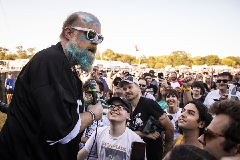 Tim Harrington, of Les Savy Fav, performs on Day 3 of Riot Fest in Douglass Park.