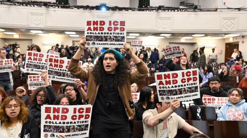 Anti-ICE protesters confronted Chicago Police Supt. Larry Snelling at Thursday's special meeting of the Community Commission for Public Safety and Accountability, held at Thomas Kelly College Preparatory High School on Thursday, April 2, 2026.