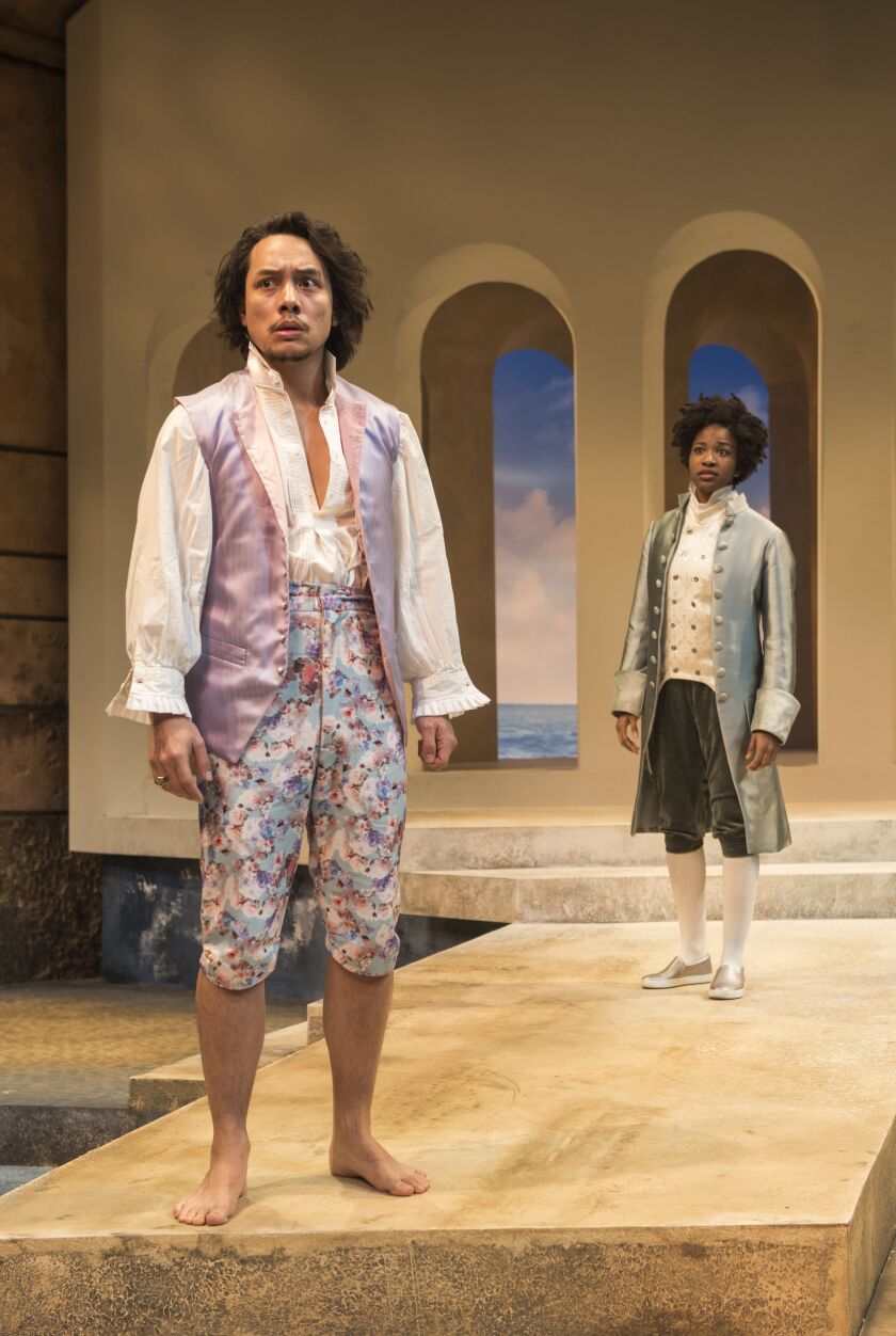 Matthew C. Yee and Jennifer Latimore in “Twelfth Night, Or What You Will” at Writers Theatre. | Michael Brosilow
