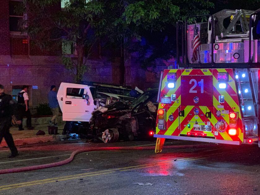 The partial wreckage of a crash that left one person dead and five more injured June 3, 2020, near Irving Park Road and Ashland Avenue.
