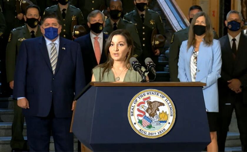 Lauren Frank speaks at the bill-signing ceremony in Springfield on Thursday.