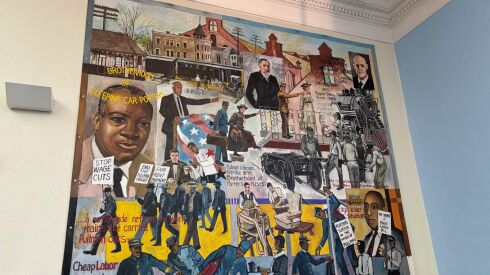 “Forces of Pullman Labor” mural by Bernard Williams is on display at the Chicago Public Library in Pullman, and it depicts Pullman’s labor history.