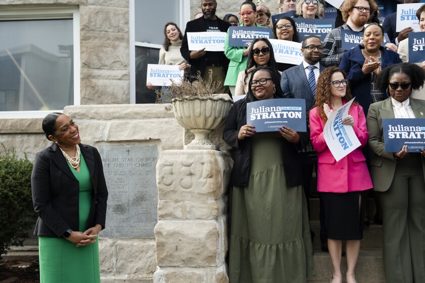 On April 25, Lt. Gov. Juliana Stratton stands outside Bright Start Church in Bronzeville, where Gov. JB Pritzker endorsed her for U.S. Senate.