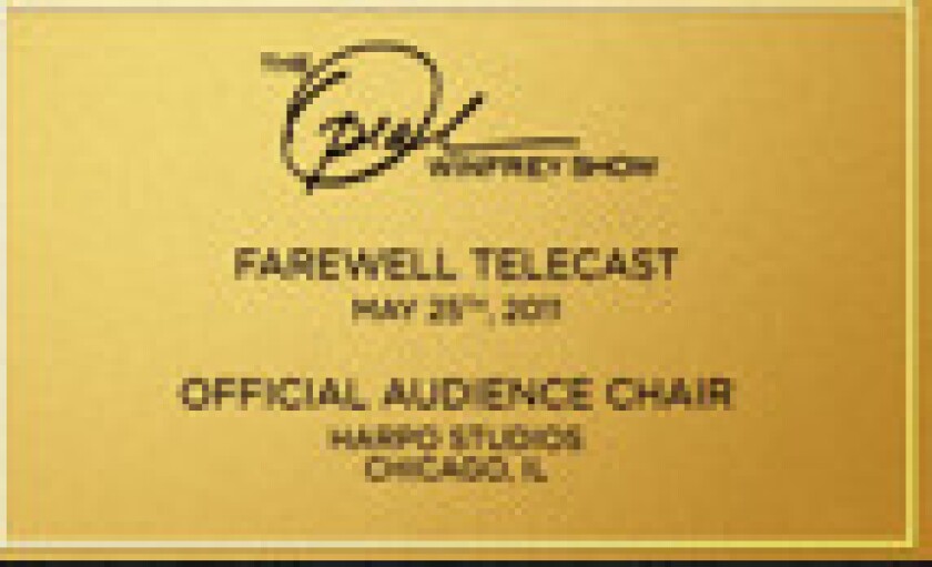 This is the commemorative plaque that will be affixed to each chair in the Oprah auction.