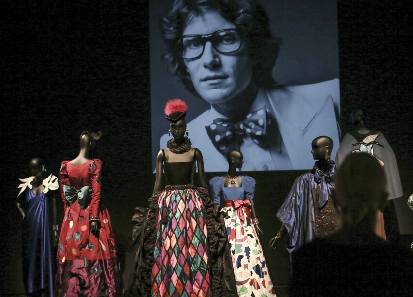 Dresses are displayed inside the Yves Saint Laurent museum, in Marrakech, Morocco. |<br>Mosa’ab Elshamy/Associated Press
