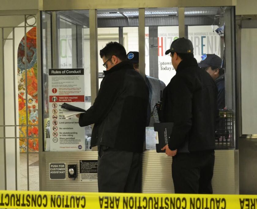 Police investigate the scene where a 25-year-old man was stabbed and robbed while riding on a CTA Red Line train in the 1100 block of West Argyle | Chicago Police