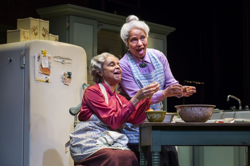 Marie Thomas (left, as Sadie Delany) and Ella Joyce (Bessie Delany) discuss the issues of the day in this scene from “Having Our Say: The Delany Sisters’ First 100 Years” at the Goodman Theatre. | Liz Lauren