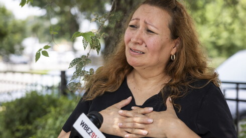 Laura Godina speaks with a WBEZ reporter Monday about her experiences with Clark and Johanna Morgan at Heights Crematory in Chicago Heights. She is concerned about how her parents' remains were handled by the facility.