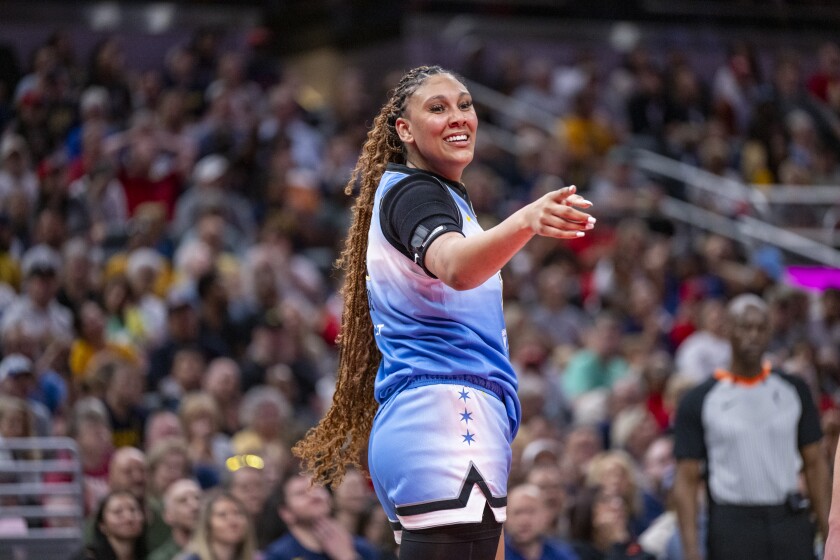 Sky center Kamilla Cardoso reacts to teammates on the bench during a game against the Indiana Fever on Saturday, June 1, 2024, in Indianapolis.