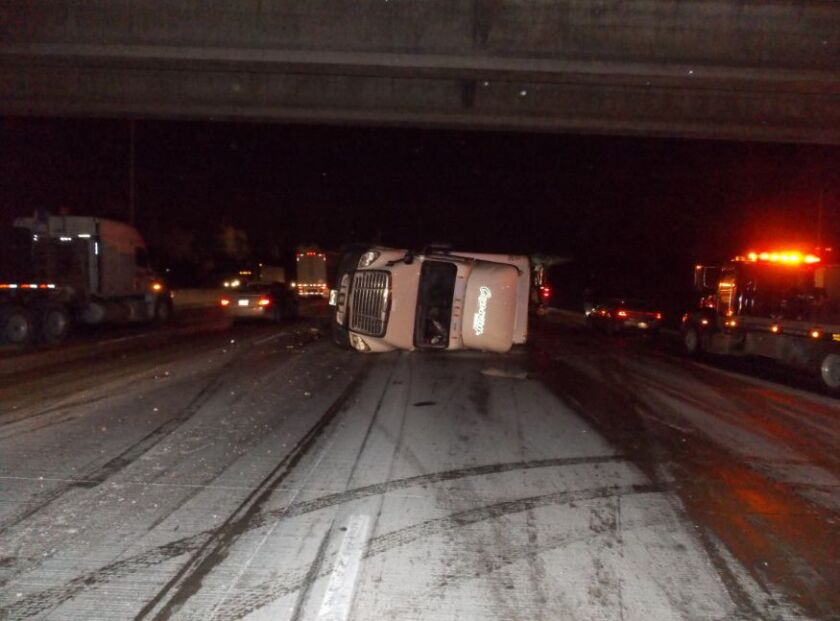No one was hurt when a rolled-over semi truck forced the closure of three lanes of I-94 in northwest Indiana on Thursday morning. | Indiana State Police