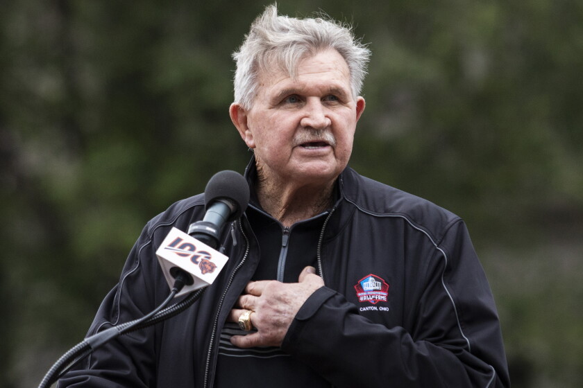 Former Chicago Bears head coach Mike Ditka speaks during a Sept. 3, 2019, ceremony for the unveiling of statues of Hall of Famers Walter Payton and George Halas at Soldier Field.