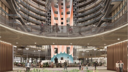 A computer rendering of artist Judy Chicago's proposed decorative skin for the former Google headquarters elevators