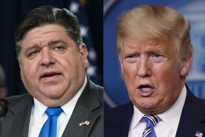 Gov. J.B. Pritzker, left, and then-President Donald Trump, right, in 2020.