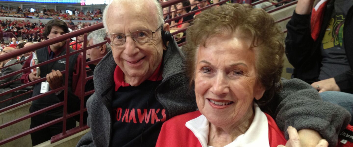 Earl and RoseLee Deutsch, who were married for more than 70 years, were Kiss Cam stars at Blackhawks games.