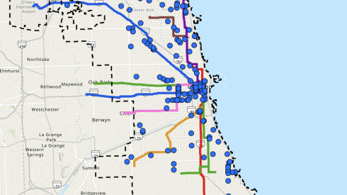 A screenshot of a city of Chicago map shows the locations of all current accessible pedestrian signals.