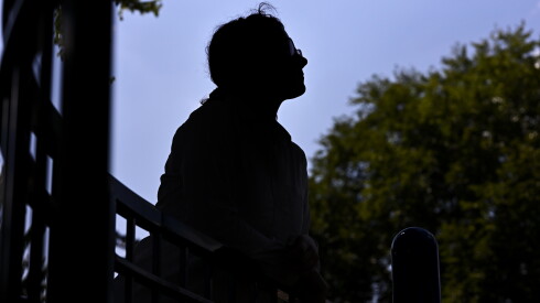 A Chicago woman looking out from behind a park fence in Haas Park.