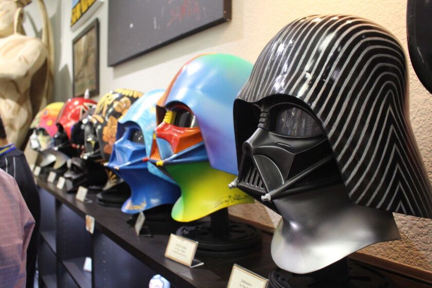 Officially licensed Darth Vader helmets by artists — and one helmet worn on screen for “Return of the Jedi” — will be among the memorabilia featured at the Rancho Obi-Wan exhibit at Star Wars Celebration Chicago. | Courtesy Rancho Obi-Wan/Star Wars Celebr