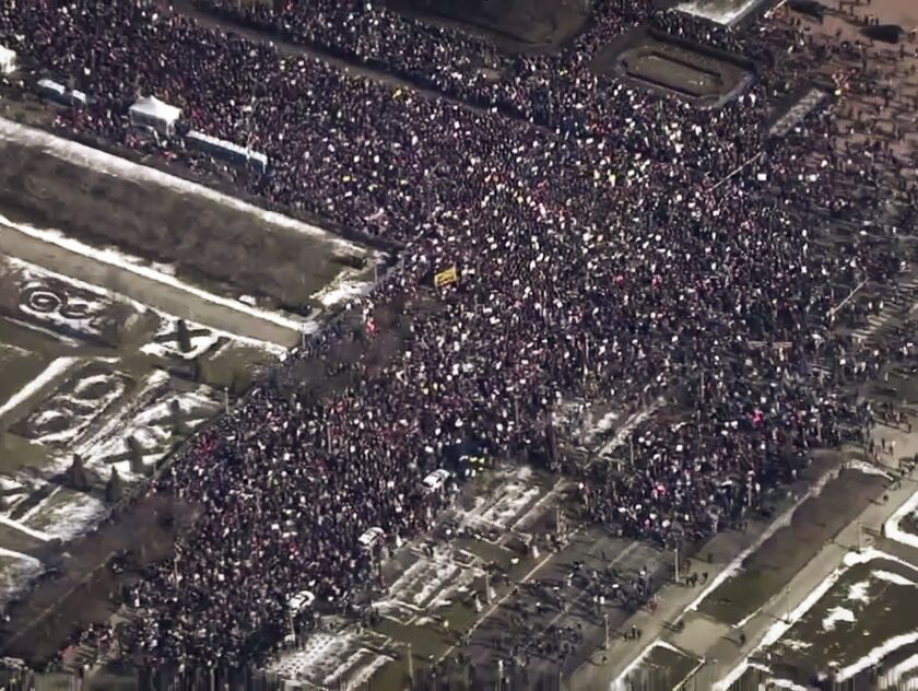 Aerial view of the Women’s March in Grant Park Saturday morning. | NBC Chicago