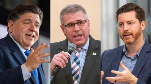From left: Gov. JB Pritzker, Republican gubernatorial nominee Darren Bailey and independent candidate Collin Corbett.