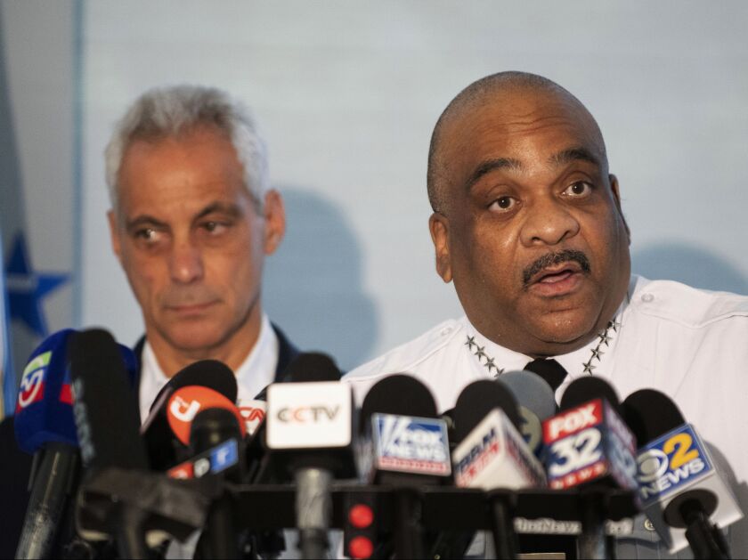 Chicago Police Supt. Eddie Johnson, with Mayor Rahm Emanuel, left, speaks at a news conference last week. File Photo. | Colin Boyle/Chicago Sun-Times