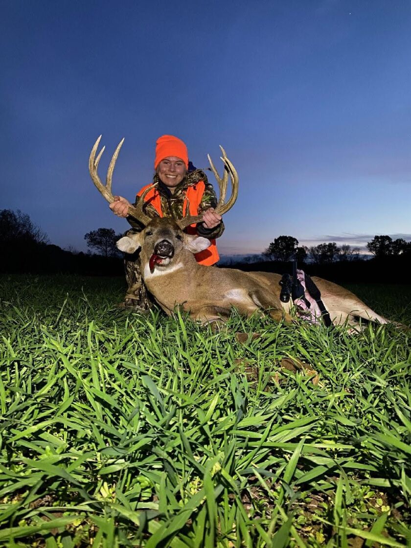 Erin Henne, 16, with her nine-point buck, second year in a row that she took big-buck honors in her hunting group in Edwards County. Credit: Dale Horton