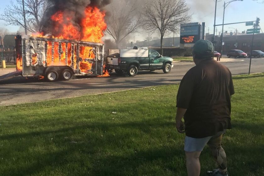 The burning landscaping truck that stopped Efraín Martínez and turned him into a hero | Go Fund Me photo
