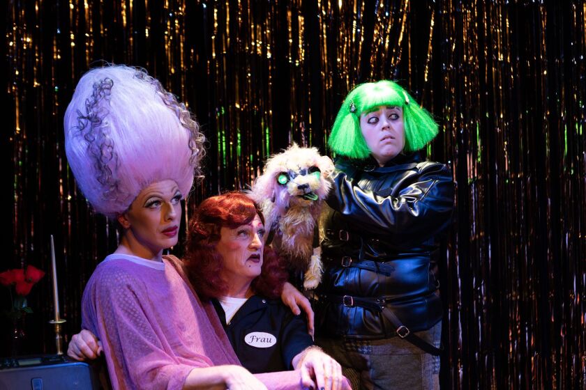 Tyler Anthony Smith, Brian Shaw and Dakota Hughes in Hell in a Handbag Productions’ world premiere of “Frankenstreisand.” Photo by Rick Aguilar Studios.