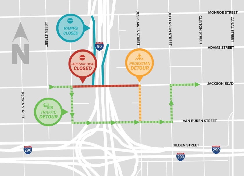 A map of detours during the replacement of the Jackson Boulevard Bridge.