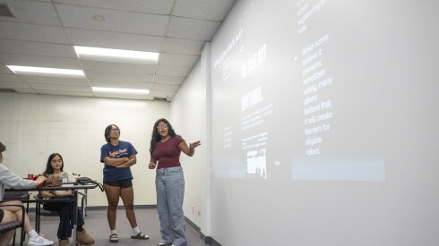 Alexa John and Isha George give a presentation on the SAVE Act to fellow high school students at the HANA Center - Northwest Center located at 664 N. Milwaukee Ave. Ste 213 in suburban Prospect Heights, Thursday, July 30, 2026. | Tyler Pasciak LaRiviere/Sun-Times