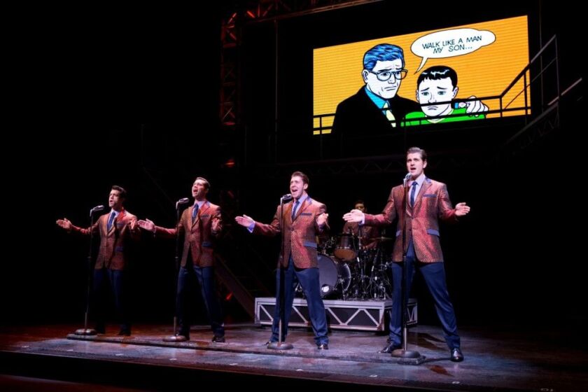 Hayden Milanes as Frankie Valli (left), with Drew Seeley, Matthew Dailey and Keith Hines performs “Walk Like a Man,” in “The Jersey Boys,” the hit musical now at the Cadillac Palace Theatre.