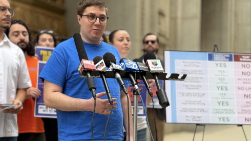 Jonah Karsh of the Metropolitan Tenants Organization speaks at a press conference about tenants' rights earlier this month at City Hall.