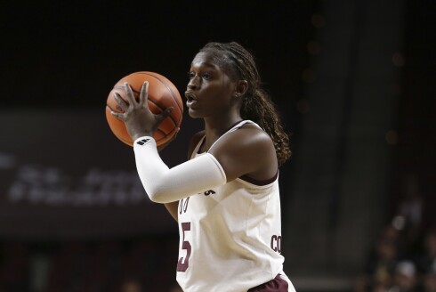 Texas A&M guard Aicha Coulibaly examines the court during a game against Kansas State on Sunday, Dec. 8, 2024, in College Station, Texas.