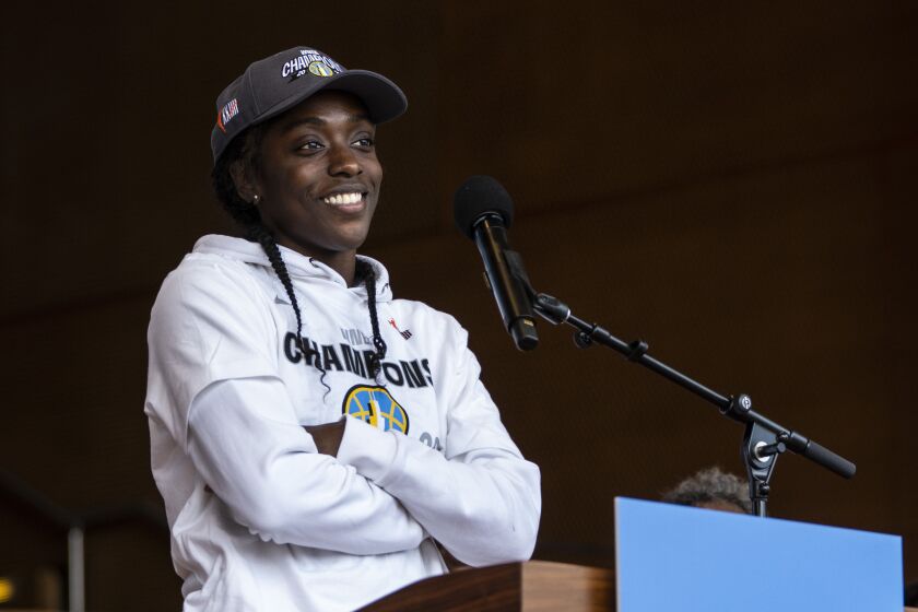 Kahleah Copper speaks as the Chicago Sky players celebrate their WNBA Championship.