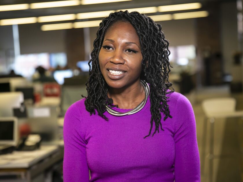 Mayoral candidate Amara Enyia is interviewed by City Hall reporter Fran Spielman in the Sun-Times newsroom. File Photo. | Rich Hein/Sun-Times