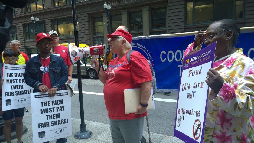 Chicago Teachers Union members marched in the Loop Wednesday. | Natalie Watts/For the Sun-Times