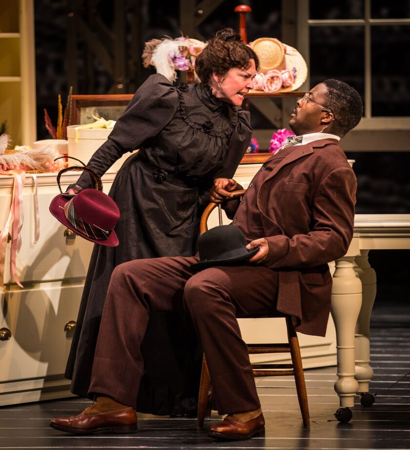 Elizabeth Ledo plays milliner Irene Molloy, and Postell Pringle is Cornelius Hackl in the Goodman Theatre production of “The Matchmaker.” (Photo: Liz Lauren)