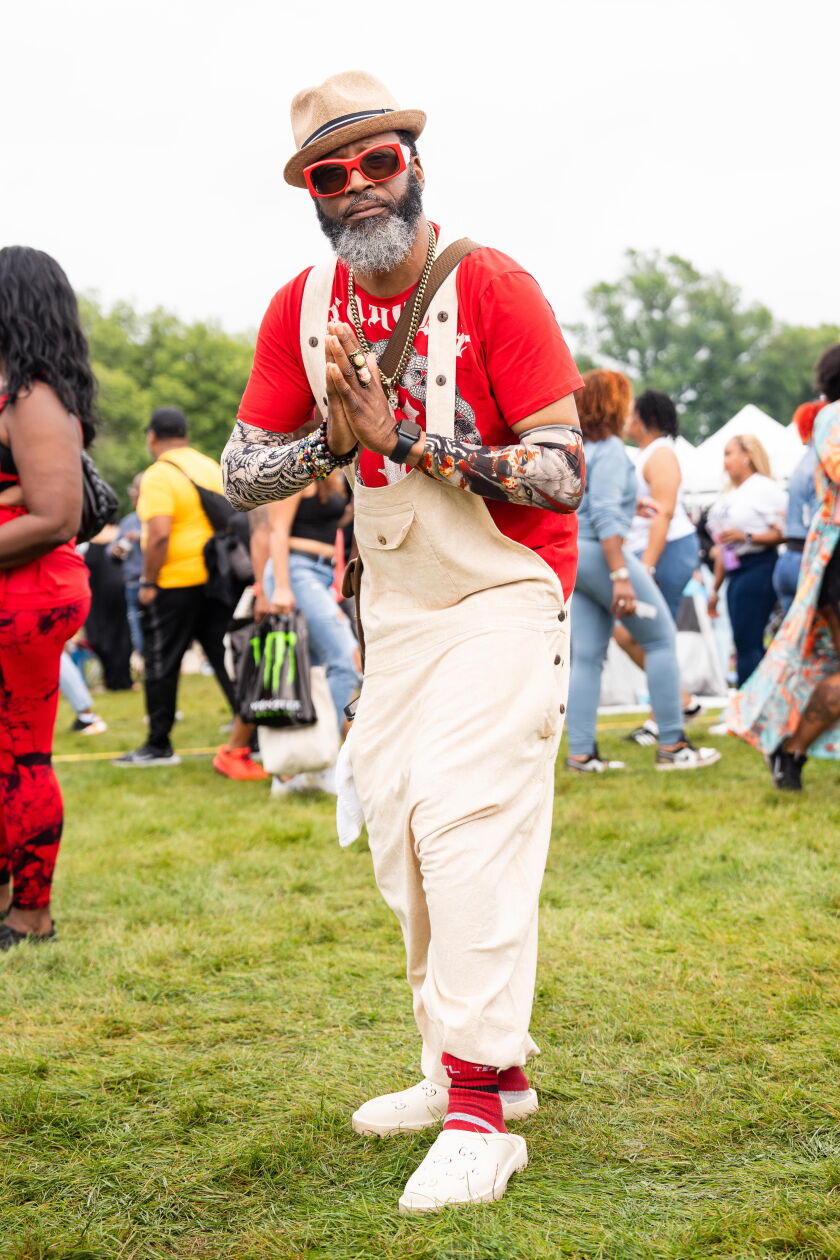 George “Mikey” James, who said he has been attending the Chosen Few Picnic since it started, poses during the Chosen Few Picnic at Jackson Park in the Woodlawn neighborhood, Saturday, July 8, 2023. The Chosen Few Picnic, now one of the biggest House Music festivals in the country, was born out of a group of South Side DJs called “The Chosen Few Disco, Corp.” who played in basements and eventually gathered with family and friends for a reunion that turned into a yearly festival.