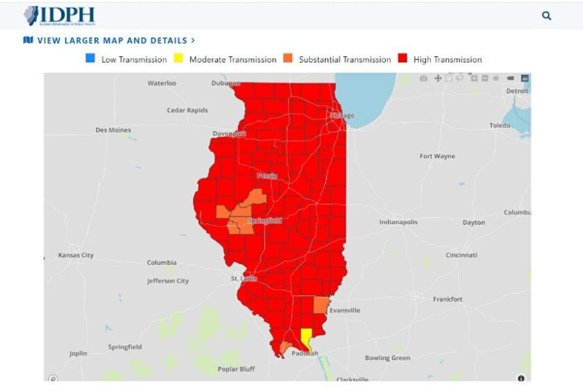 The COVID-19 transmission map for Illinois as of Nov. 18, 2021.