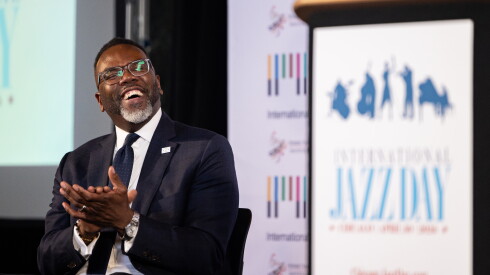 Mayor Brandon Johnson sits on stage during a press conference at the Cultural Center in the Loop. Johnson is joined other public officials and arts advocates to announce Chicago as the host city of the 15th International Jazz Day celebration upcoming in April.