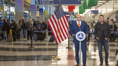 Franklin McIntosh, acting Chief Operating Officer of the Air Traffic Organization at the FAA, speaks to reporters at Terminal 2 at O’hare International Airport, Tuesday, Nov. 11, 2025. | Tyler Pasciak LaRiviere/Sun-Times