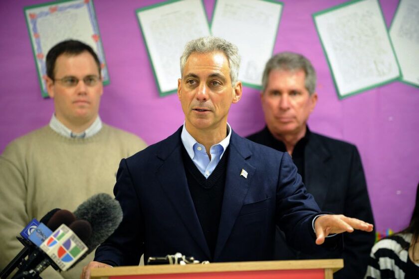 Mayor Rahm Emanuel at a 2012 news conference with Ald. Marty Quinn (13th), left, and Ald. Michael Zalewski (23rd), right, at Nathan Hale Elementary School. File Photo. | Richard A. Chapman~Sun-Times