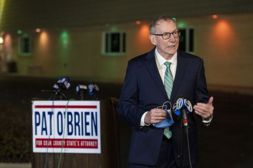 Republican former Judge Pat O’Brien, challenger for the Cook County States Attorney’s Office speaks to reporters on Tuesday.