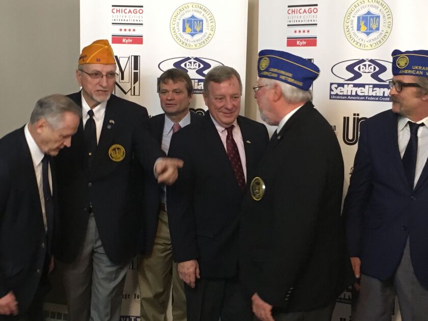 Steve Macko; Peter Bencak, National Commander, Ukrainian American Veterans; U.S. Rep. Mike Quigley, D-Ill.; U.S. Sen Richard Durbin; George Horbenko, Commander, Ukrainian American Veterans Post 32 Chicago; and George Diachenko at a town hall forum on Sund